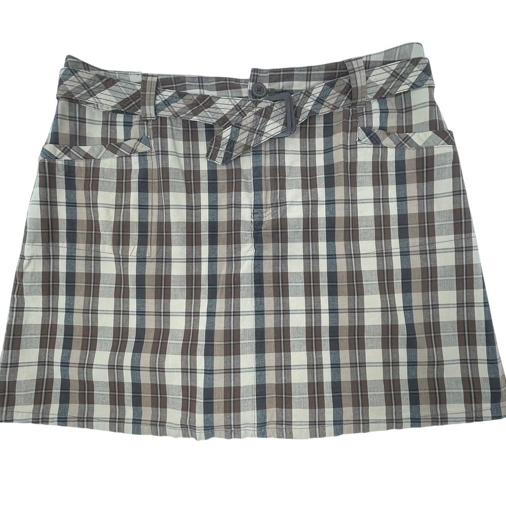 Vintage Y2K Brown Plaid Women's Mini Skirt Size 14 Belt Pockets Academia College